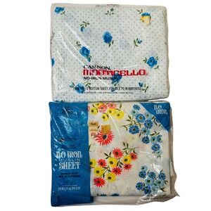 Cannon Monticello Muslin Twin Fitted Sheets Blue Floral Polka Dot Vtg 70s 80s